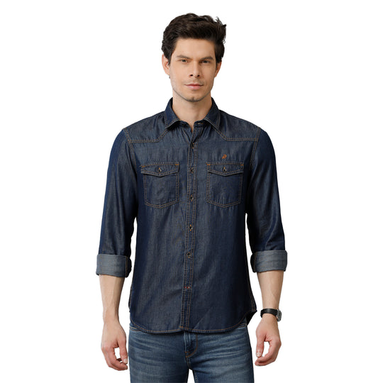 Deep Indigo Blue Solid With Westerns Yoke Denim Shirts