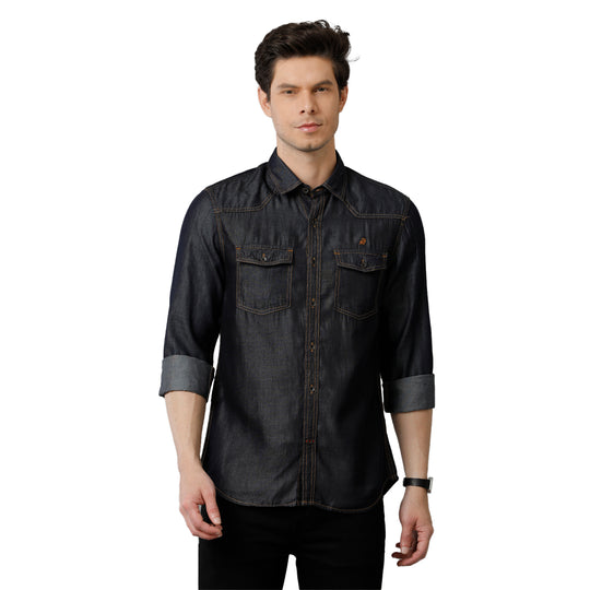 Elephant Grey Solid With Westerns Yoke Denim Shirts