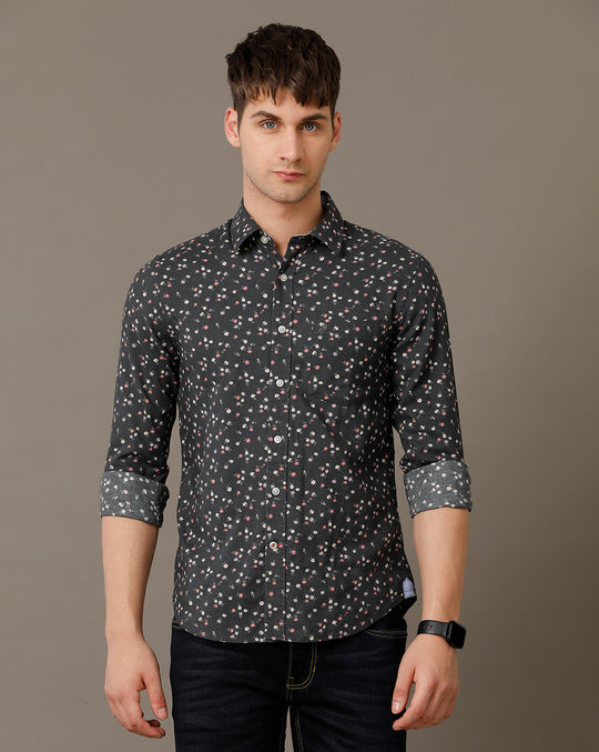 Double Two Men's Cotton Printed Black Shirt
