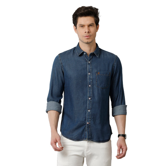 Mid Indigo Blue Solid Denim Shirts
