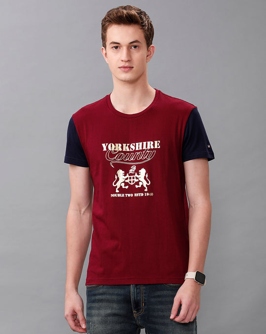 Wine Fashion Printed Cotton Crew Neck T-Shirt