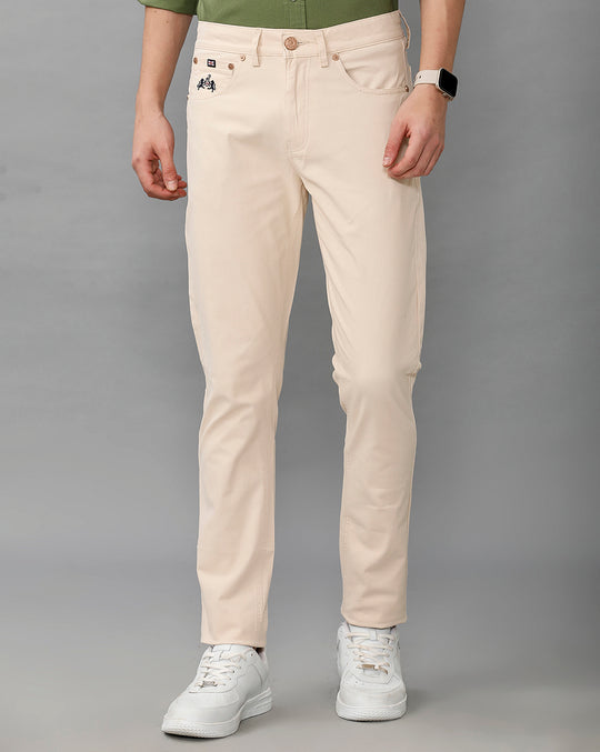 Lean Fit 5 pocket Solid Beige Cotton Trouser