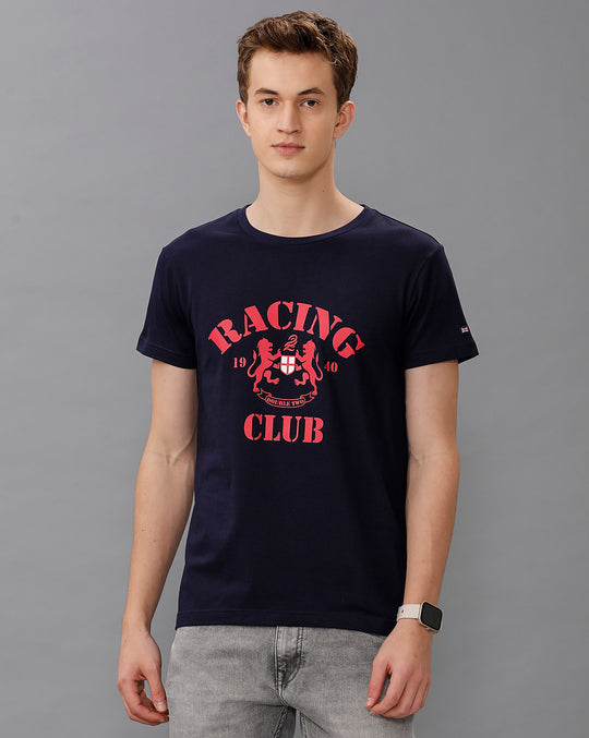 Navy Blue Fashion Printed Cotton Crew Neck T-Shirt