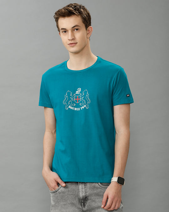 Turquoise Fashion Printed Cotton Crew Neck T-Shirt