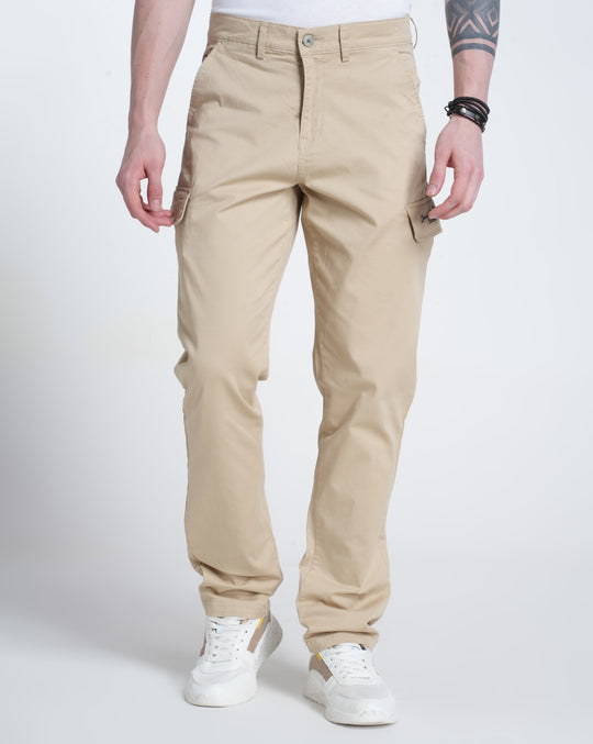 Mens Regular Fit Solid Beige Cargo