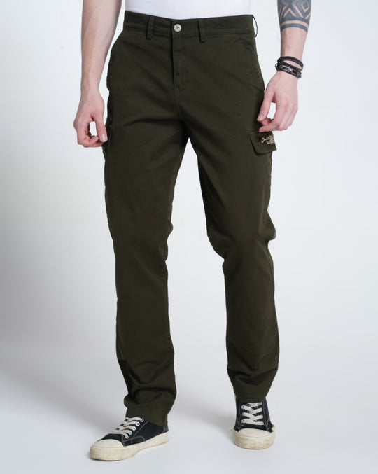 Mens Regular Fit Solid Olive Cargo