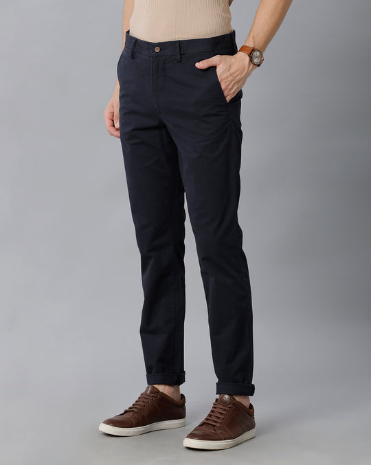 Navy Blue Solid Casual Cotton Trouser