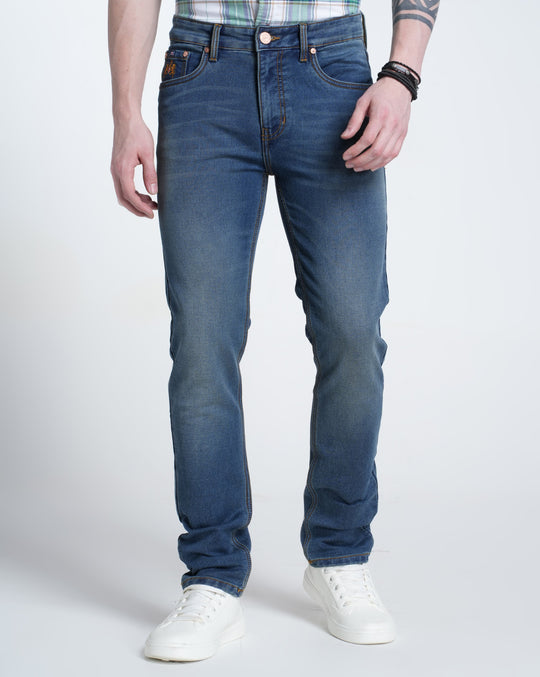 Mens Knitted Solid Blue Denim