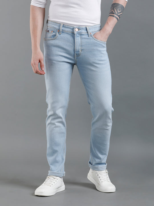Men Solid Light Blue Denim