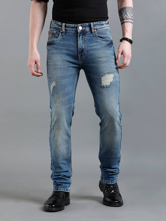 Men Solid Blue Distressed Denim