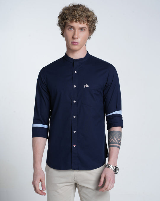 Mens Mandarin Collar Long Sleeves Solid Navy Shirt
