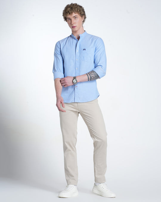 Mens Mandarin Collar Long Sleeves Solid Sky Blue Shirt