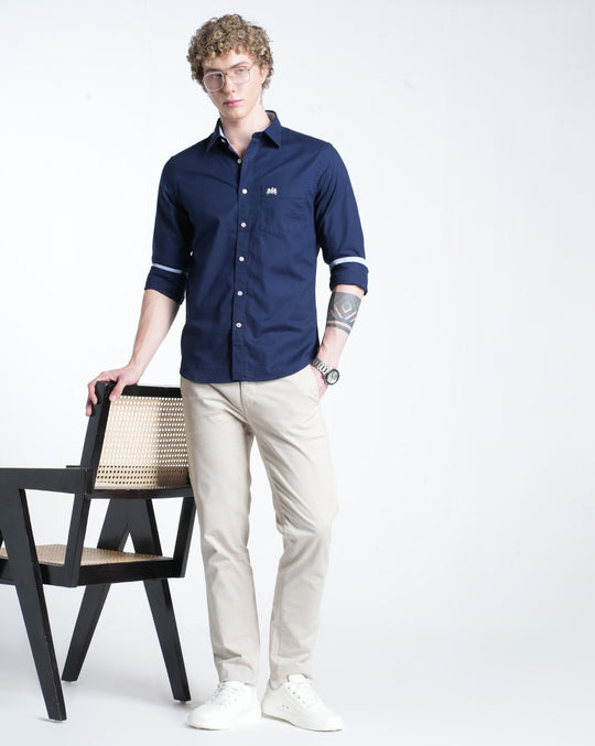 Mens Pointed Collar Long Sleeves Solid Navy Blue Shirt