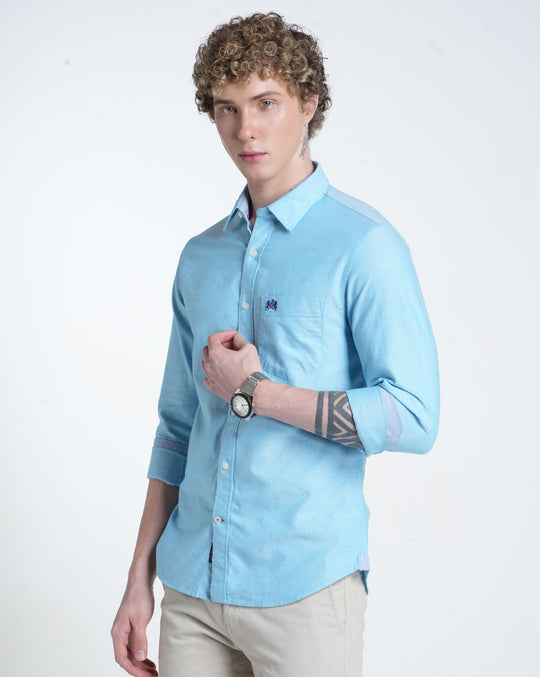 Mens Pointed Collar Long Sleeves Solid Sky Blue Shirt