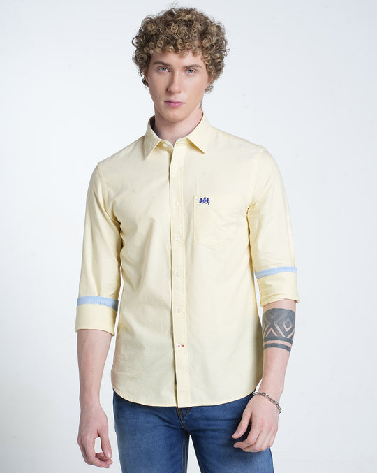 Mens Pointed Collar Long Sleeves Solid Yellow Shirt