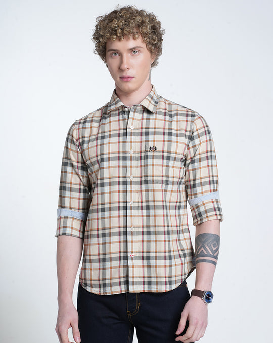 Mens Pointed Collar Long Sleeves Checks Shirt