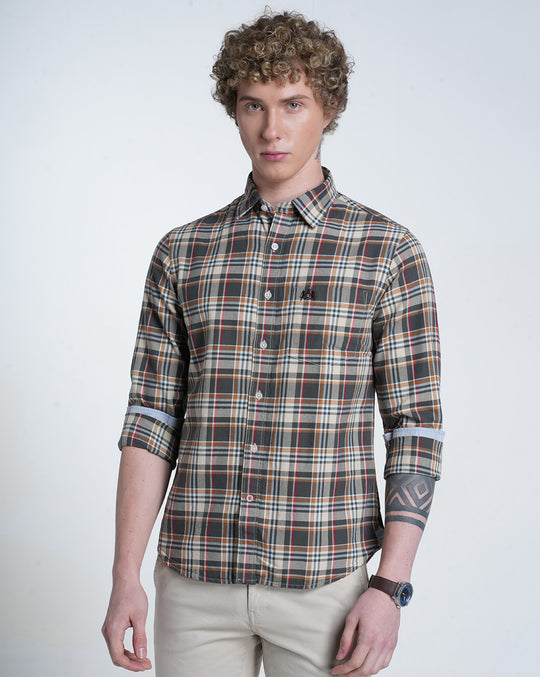 Mens Pointed Collar Long Sleeves Checks Shirt