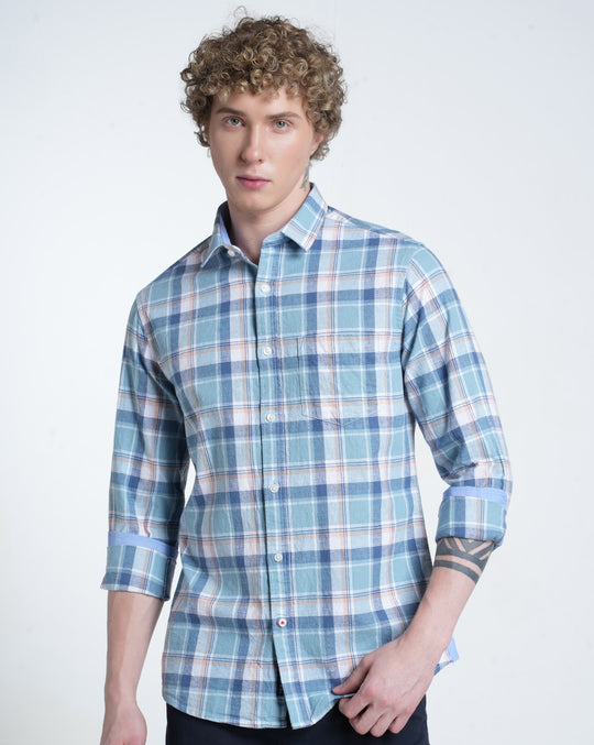 Mens Pointed Collar Long Sleeves Checks Shirt