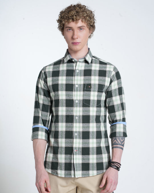 Mens Pointed Collar Long Sleeves Checks Shirt
