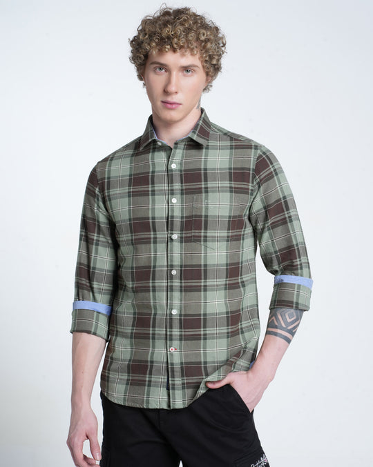 Mens Pointed Collar Long Sleeves Checks Shirt