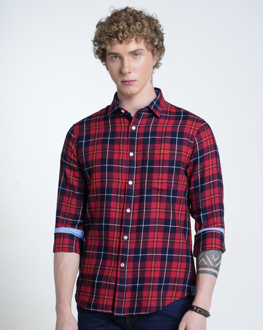 Mens Pointed Collar Long Sleeves Checks Shirt