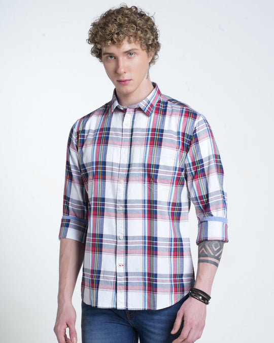 Mens Pointed Collar Long Sleeves Checks Shirt