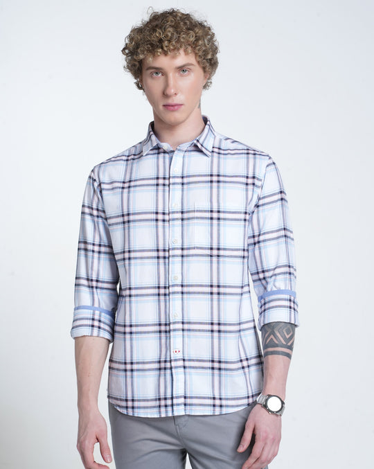 Mens Pointed Collar Long Sleeves Checks Shirt