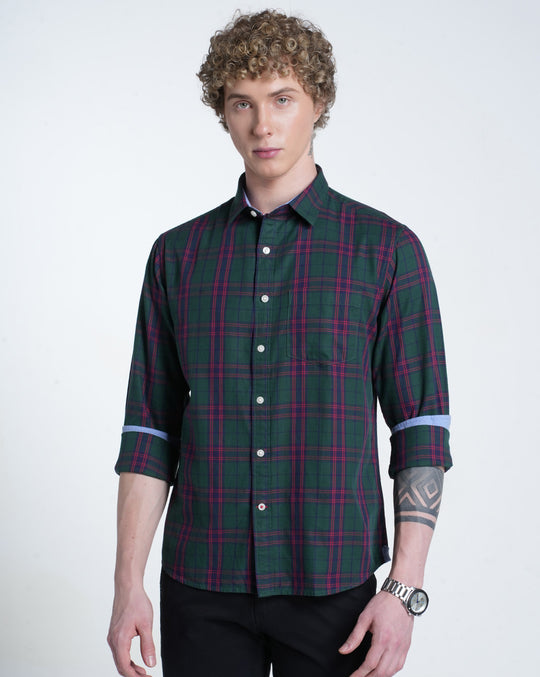 Mens Pointed Collar Long Sleeves Checks Shirt