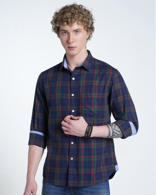 Mens Pointed Collar Long Sleeves Checks Shirt