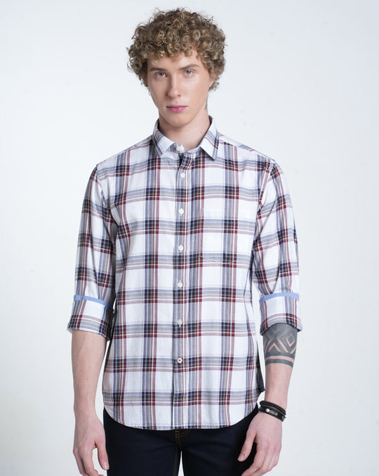Mens Pointed Collar Long Sleeves Checks Shirt
