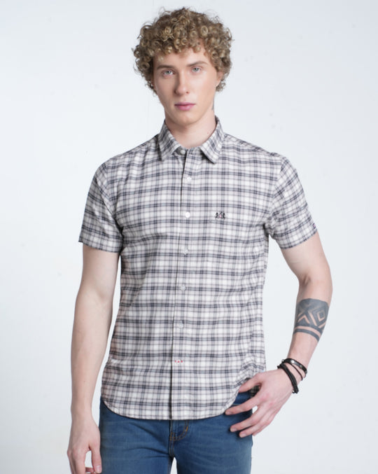 Mens Pointed Collar Half Sleeves Checks Shirt