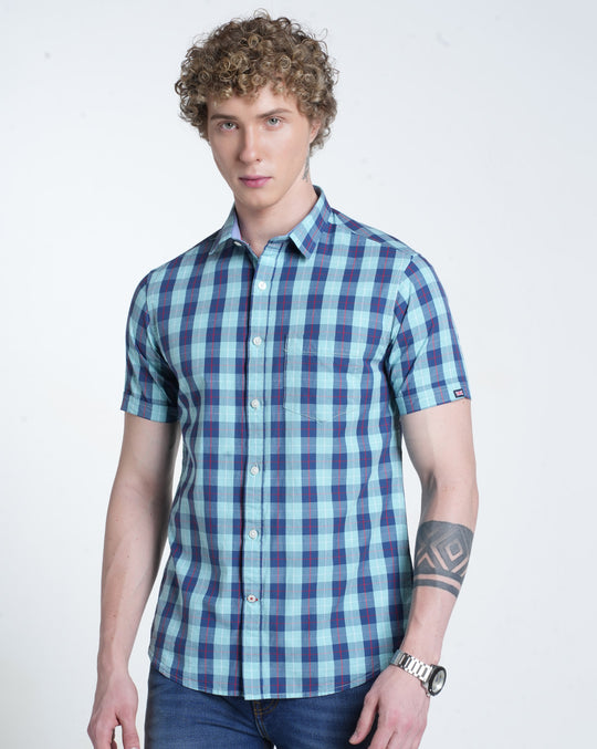 Mens Pointed Collar Half Sleeves Checks Shirt