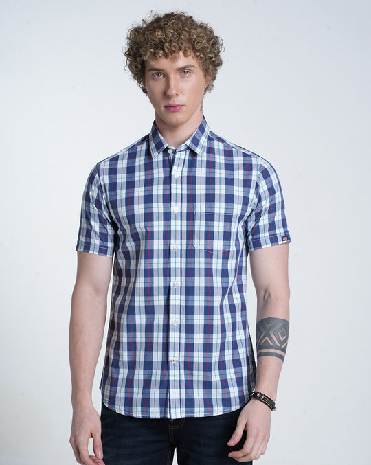 Mens Pointed Collar Half Sleeves Checks Shirt
