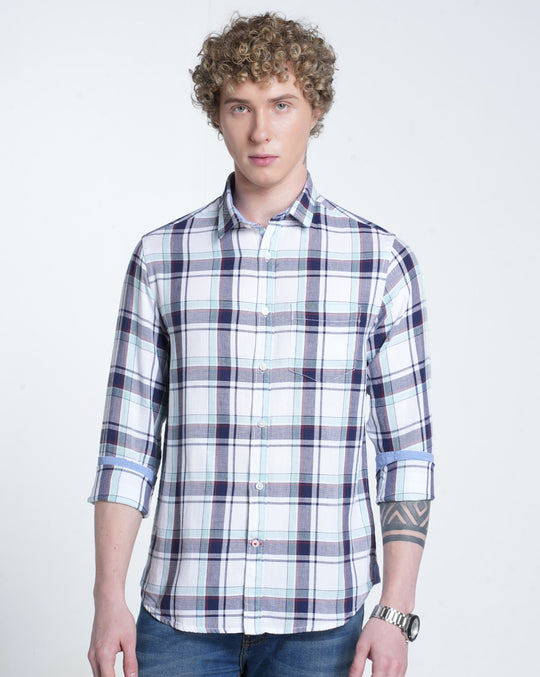 Mens Pointed Collar Long Sleeves Checks Shirt