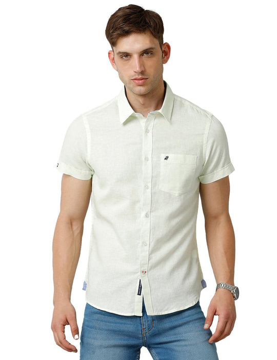 Solid Lemon Yellow Slim Fit Cotton Lenin Casual Shirt