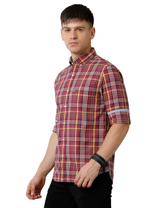Double Two Men Wine Checks Casual Shirt
