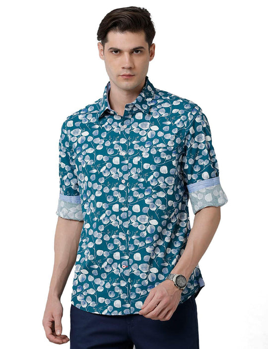 Turquoise Printed Slim Fit Shirt