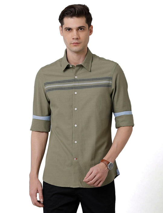 Olive Green Engineering Strips Slim Fit Shirt