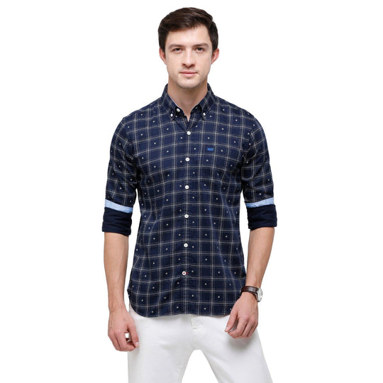 Navy Blue Checks Casual Shirt Slim Fit