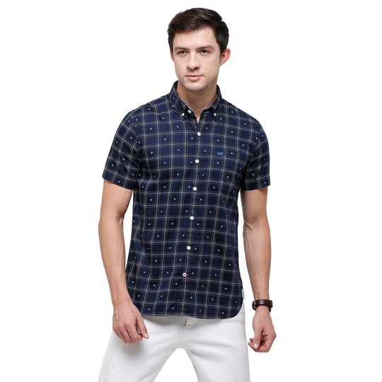 Navy Blue Checks Casual Shirt Slim Fit