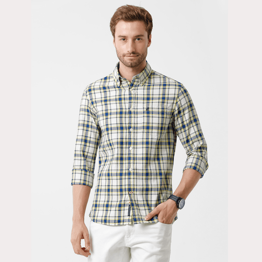 Yellow Checks Casual Shirt Slim Fit