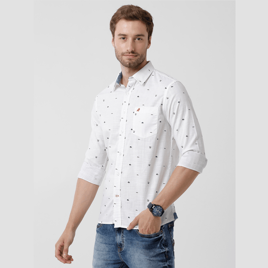 White Printed Casual Shirt Slim Fit