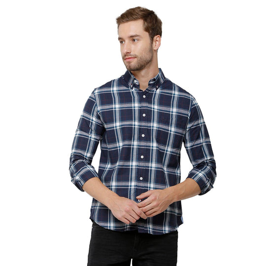Navy Blue Checks Casual Shirt Slim Fit