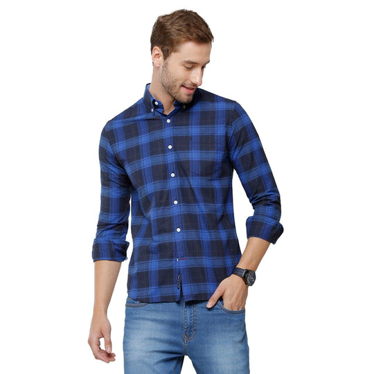Navy Blue Checks Casual Shirt Slim Fit