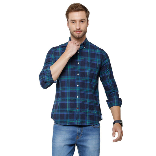 Navy Blue Checks Casual Shirt Slim Fit