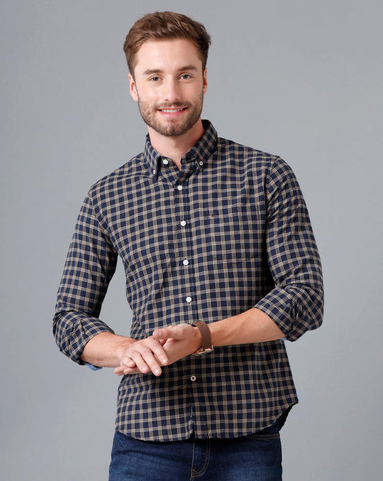 Navy Blue Checks Casual Shirt Slim Fit