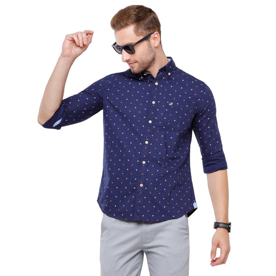Navy Blue Printed Casual Shirt Slim Fit