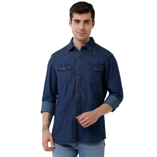 Blue Solid Denim Shirt Slim Fit