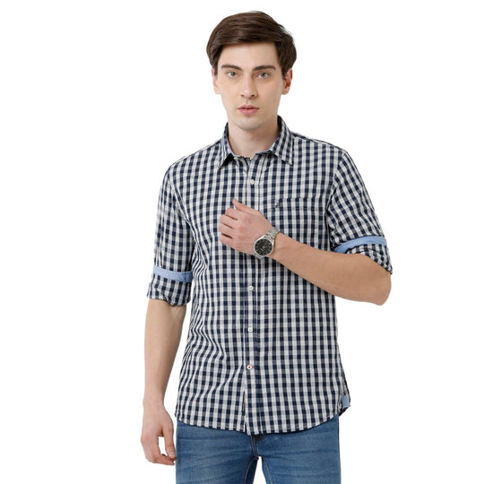Navy Blue Checks Casual Shirt Slim Fit