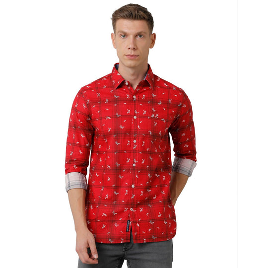 Red Printed Casual Shirt Slim Fit